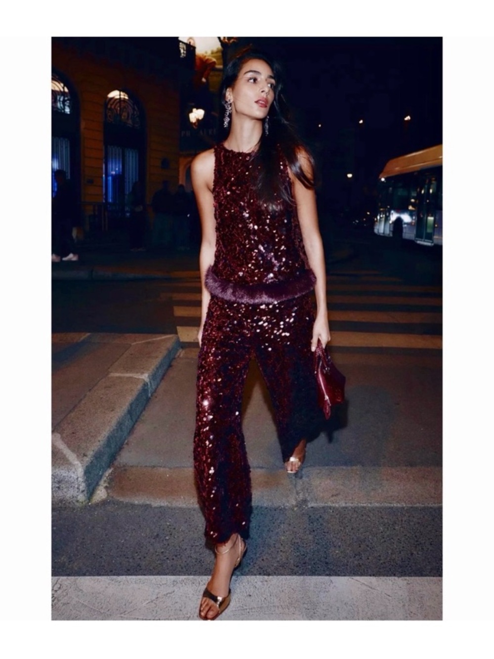 Zara Sequin Barrel Cropped Pants - Burgundy